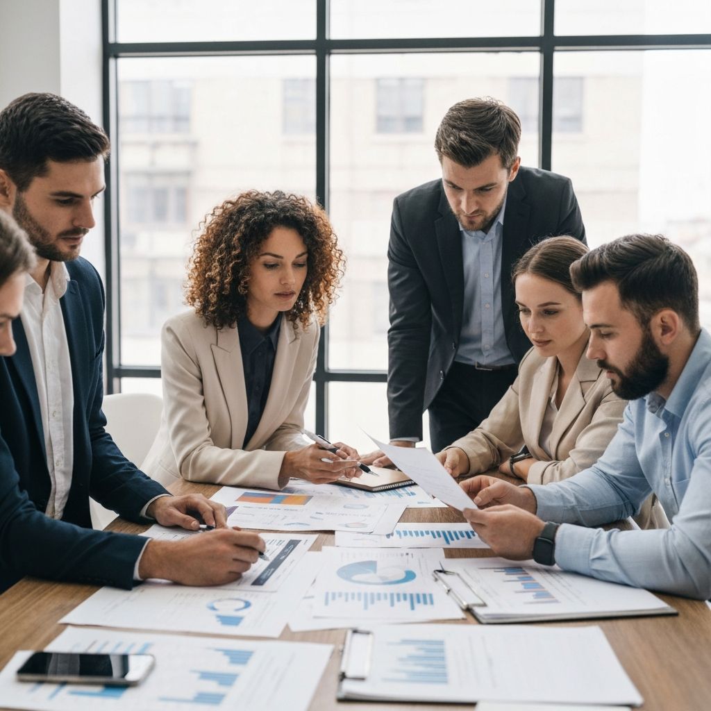 Business consulting team collaborating on financial strategy